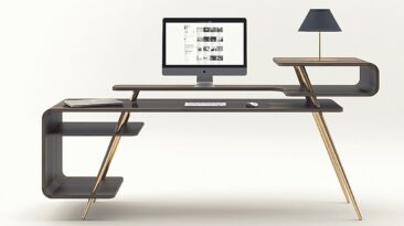 Esta mesa de escritório elegante e singular vem com vários níveis bons para armazenamento