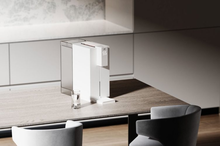 O conceito minimalista de dispensador de água fica em sua mesa ou mesa para fácil acesso