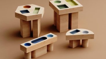 Mesas laterais de madeira peculiares encantam com buracos geométricos como um jogo infantil